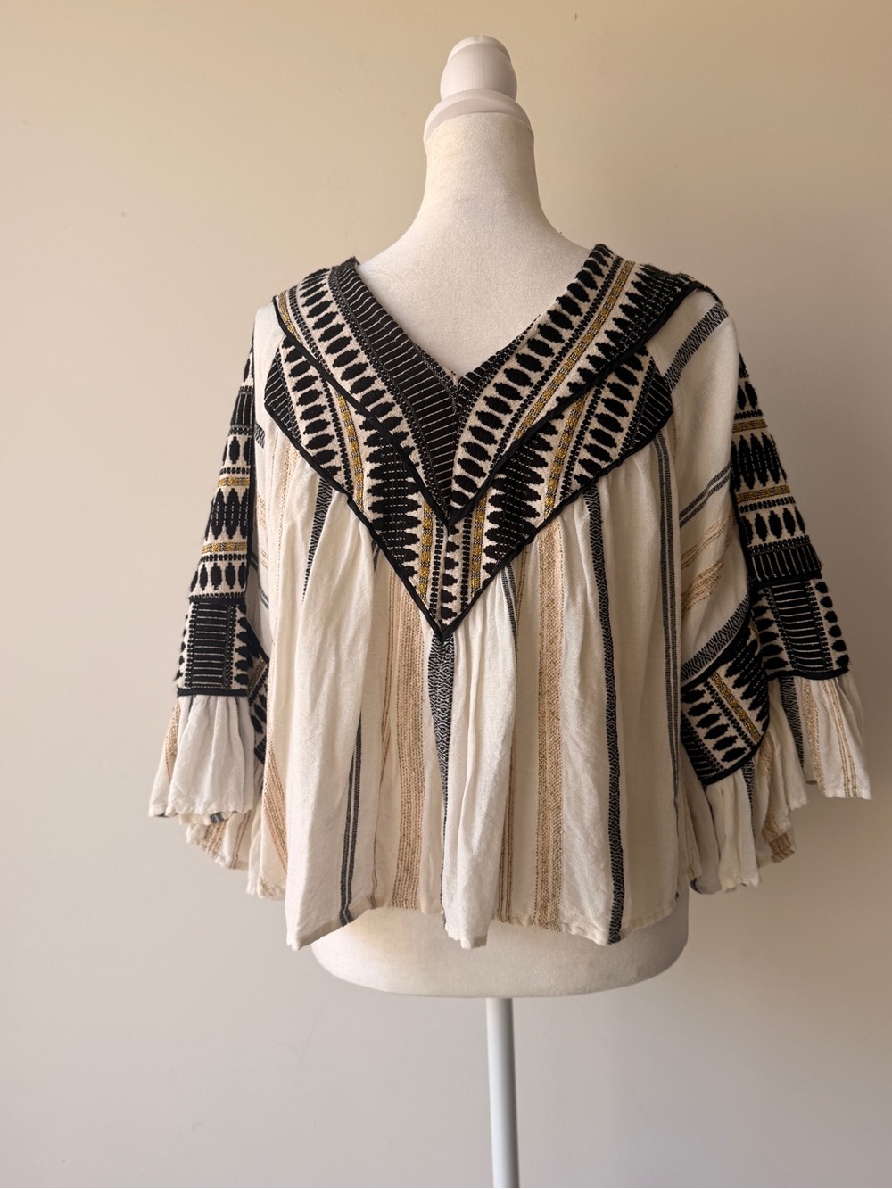THML Boho Embroidered V-Neck Tunic in Cream, Black & Tan